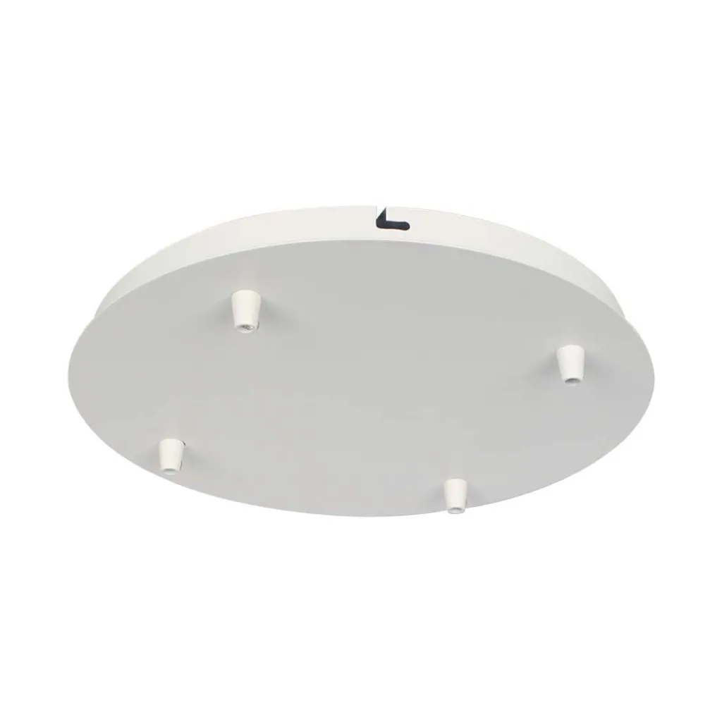 Rosone per Lampadario in Acciaio d:300xh:25mm con 4 Fori Colore Bianco Opaco, vista angolata dal basso