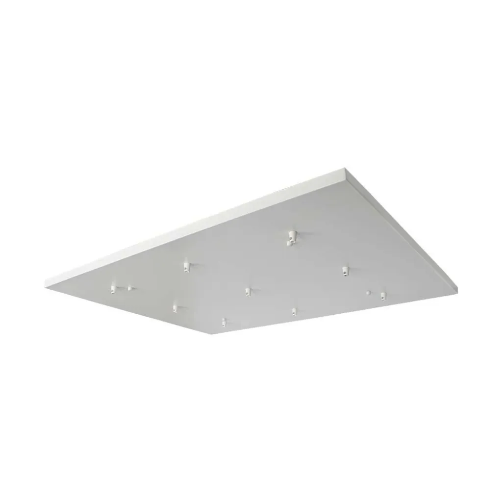 Rosone per Lampadario in Acciaio Rettangolare 800x600x20mm con 9 Fori Colore Bianco opaco, vista angolata dal basso
