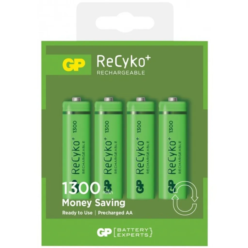 Recyko Batteria Ricaricabile 1,2V Stilo AA 1300mAh (Confezione 4 Pezzi), vista frontale della confezione