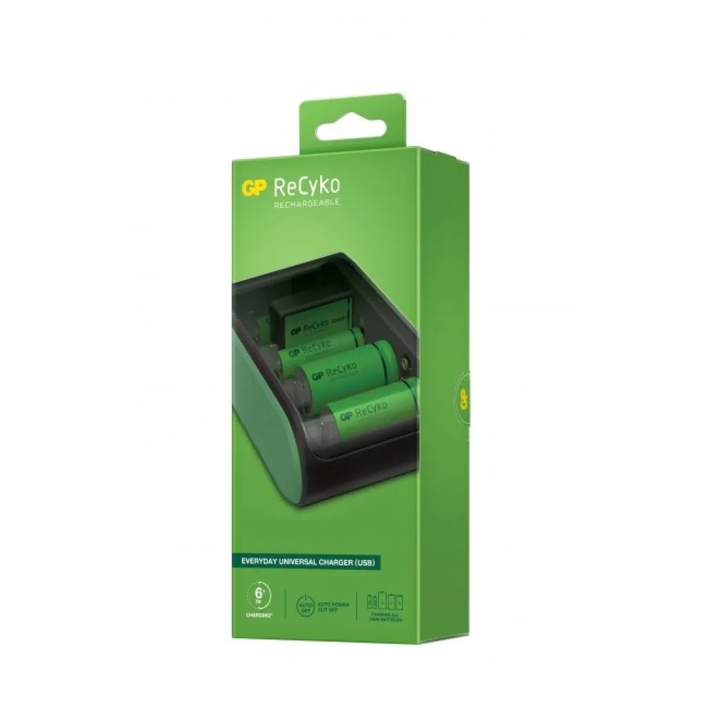 Caricabatterie Universale ReCyko B631 per Ricarica Contemporanea di Batterie Ricaricabili 1,5V Mini Stilo AAA, Stilo AA, C, Torcia D e 9V, vista angolata della confezione