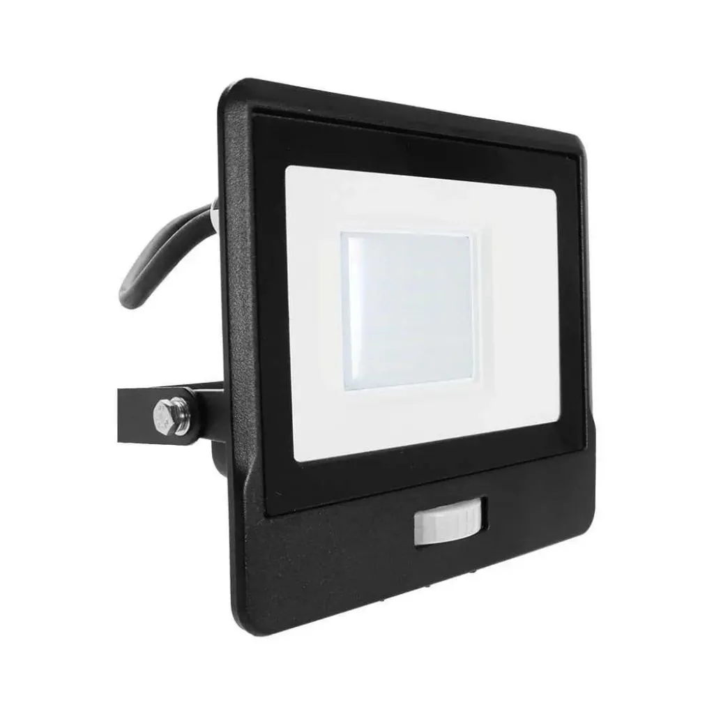 Faro LED Chip Samsung 30W con Sensore PIR Cavo 1m Colore Nero 6500K, vista angolata frontale