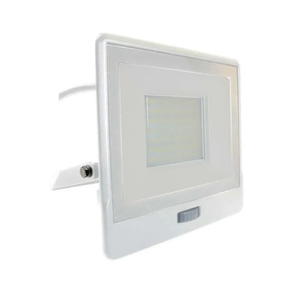 Faro LED Chip Samsung 50W con Sensore PIR Cavo 1m Colore Bianco 6500K, vista angolata frontale
