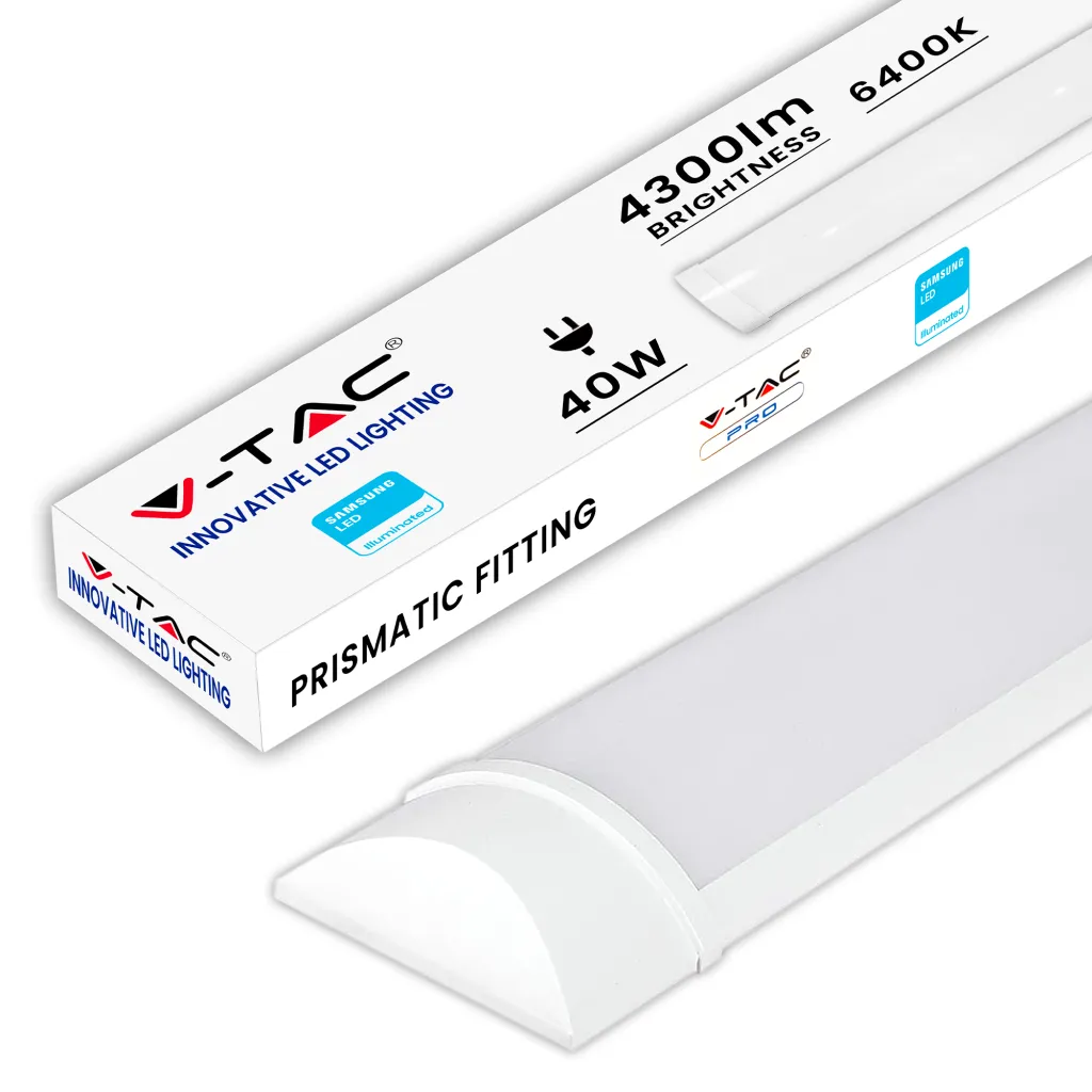 Plafoniera LED Chip Samsung Prismatica 40W 120LM/W 120cm 6500K, vista angolata con confezione