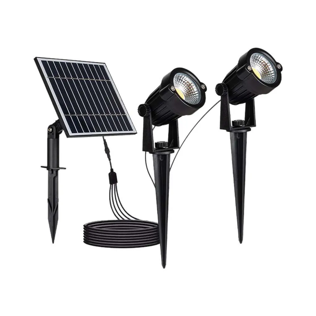2x Faretti LED da Giardino 1.2W con Picchetti e Pannello Solare 5W Colore Nero 3000K, vista frontale