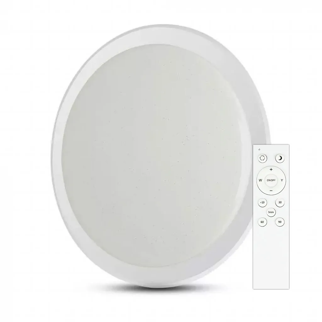 Plafoniera LED Rotonda 60W con Telecomando Cambia Colore 3 in 1 Effetto Stellato d: 565mm h: 75mm Dimmerabile, vista frontale con telecomando