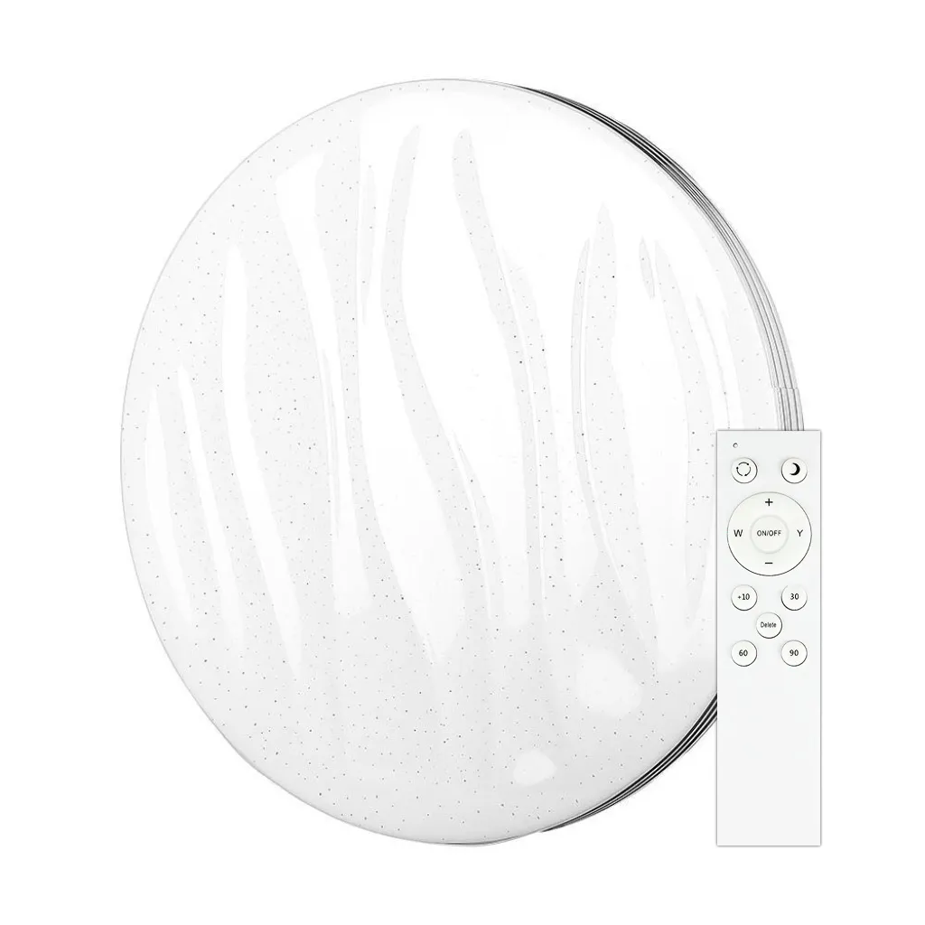 Plafoniera LED Rotonda 40W con Telecomando Cambia Colore 3 in 1 Effetto Stellato Ondulato d: 400mm h: 60mm Dimmerabile, vista frontale con telecomando