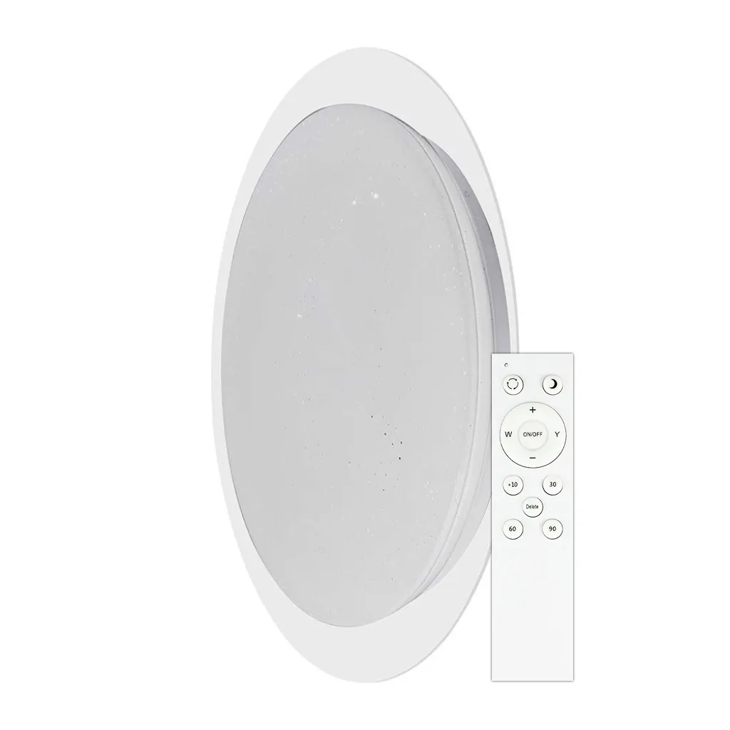 Plafoniera LED Rotonda 40W con Telecomando Cambia Colore 3 in 1 Effetto Stellato d: 400mm h: 70mm Dimmerabile, vista frontale con telecomando