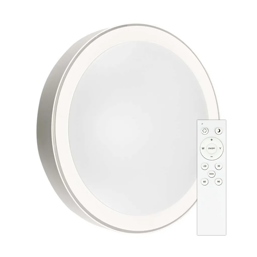 Plafoniera LED Rotonda 60W con Telecomando Cambia Colore 3 in 1 d: 500mm h: 80mm Dimmerabile, vista angolata con telecomando