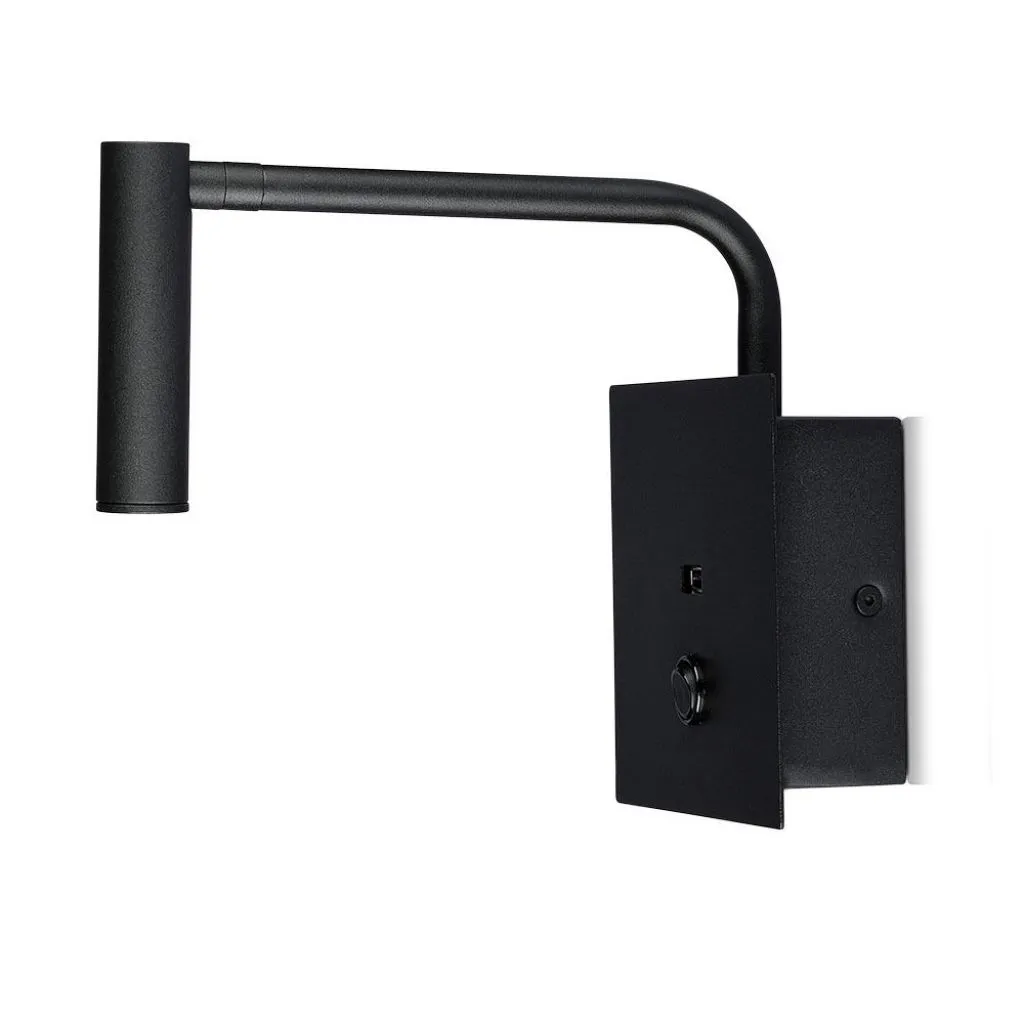 Applique da Hotel per Lettura LED 3W con Interruttore Porta USB Colore Nero 3000K, vista angolata