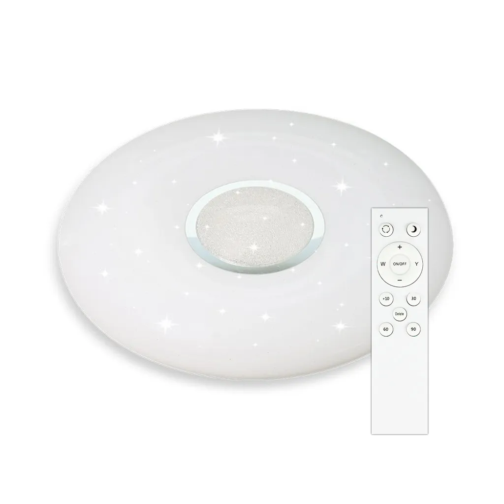 Plafoniera LED Rotonda 60W con Telecomando Cambia Colore 3 in 1 Effetto Stellato d: 493mm h: 80mm Dimmerabile, vista angolata con telecomando