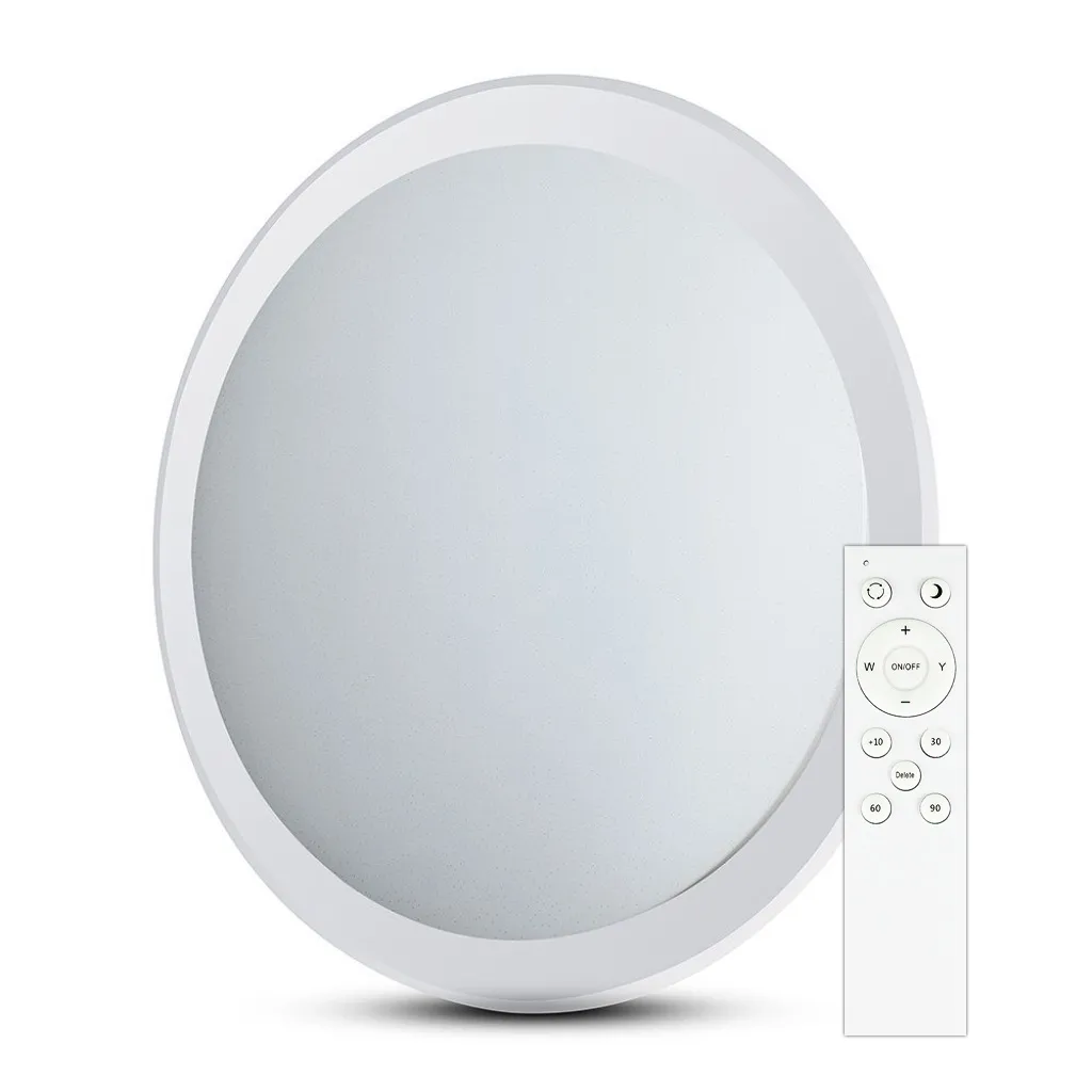 Plafoniera LED Rotonda 72W con Telecomando Cambia Colore 3 in 1 Effetto Stellato d: 670mm h: 80mm Dimmerabile, vista frontale angolata con telecomando