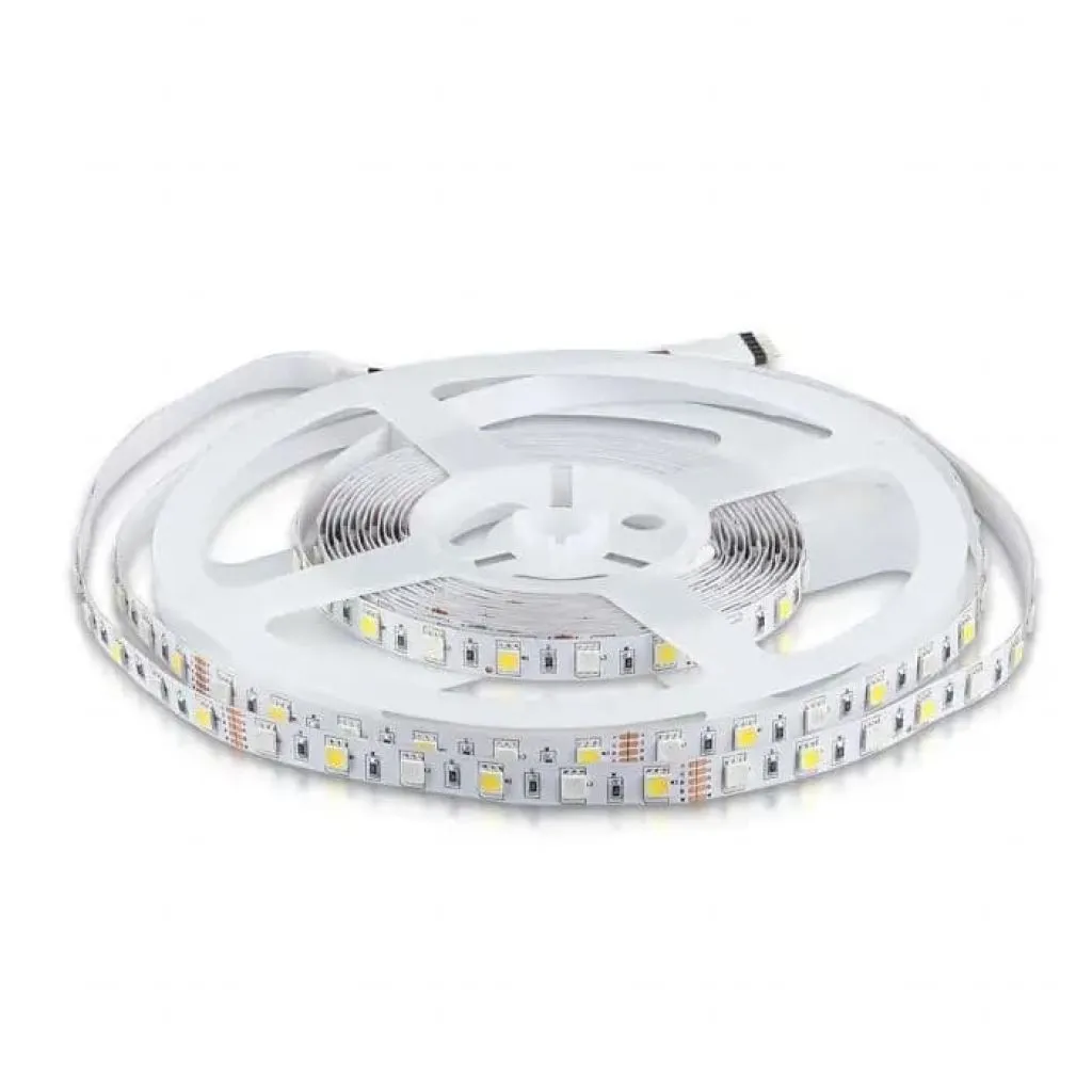 Strip LED SMD5050 8W/m 5m 60 LED/m 12V RGB + 6500K 10mm, vista angolata della bobina