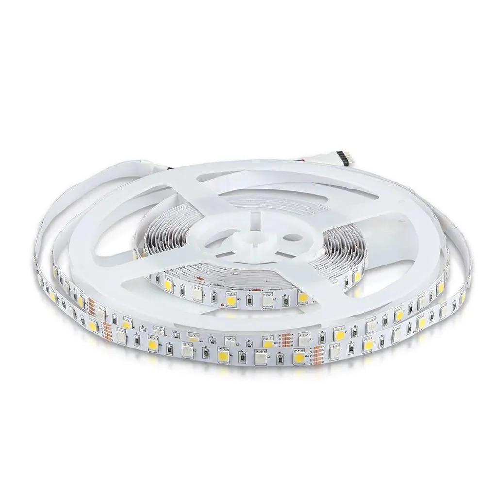 Strip LED SMD5050 8W/m 5m 60 LED/m 12V RGB + 4000K 10mm, vista angolata del rotolo