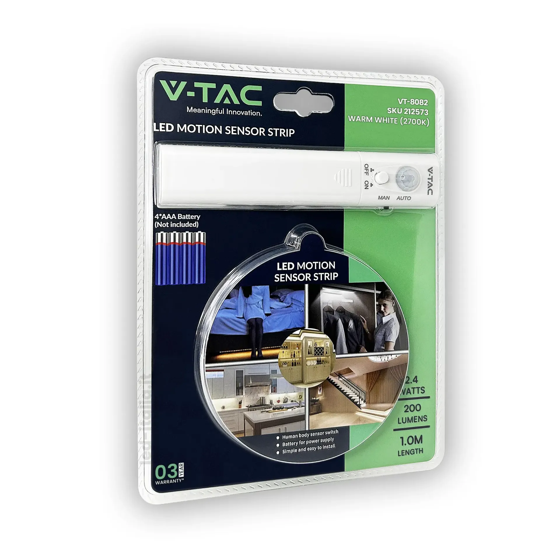 Strip LED SMD2835 2,4W 1m 30 LED/m 6V a Batteria con Sensore di movimento 2700K, vista frontale della confezione