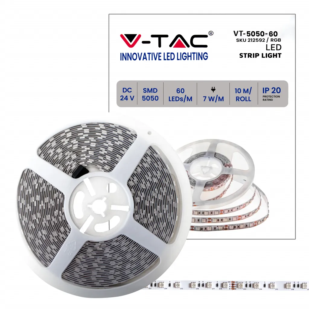 Strip LED SMD5050 7W/m 10m 60 LED/m 24V RGB 10mm, vista generale con scatola