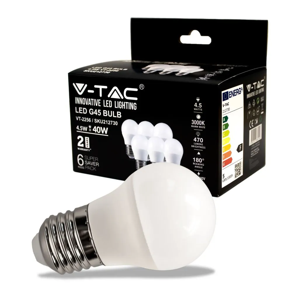 Lampadina LED E27 4,5W G45 3000K (Box 6 pezzi), vista angolata con scatola