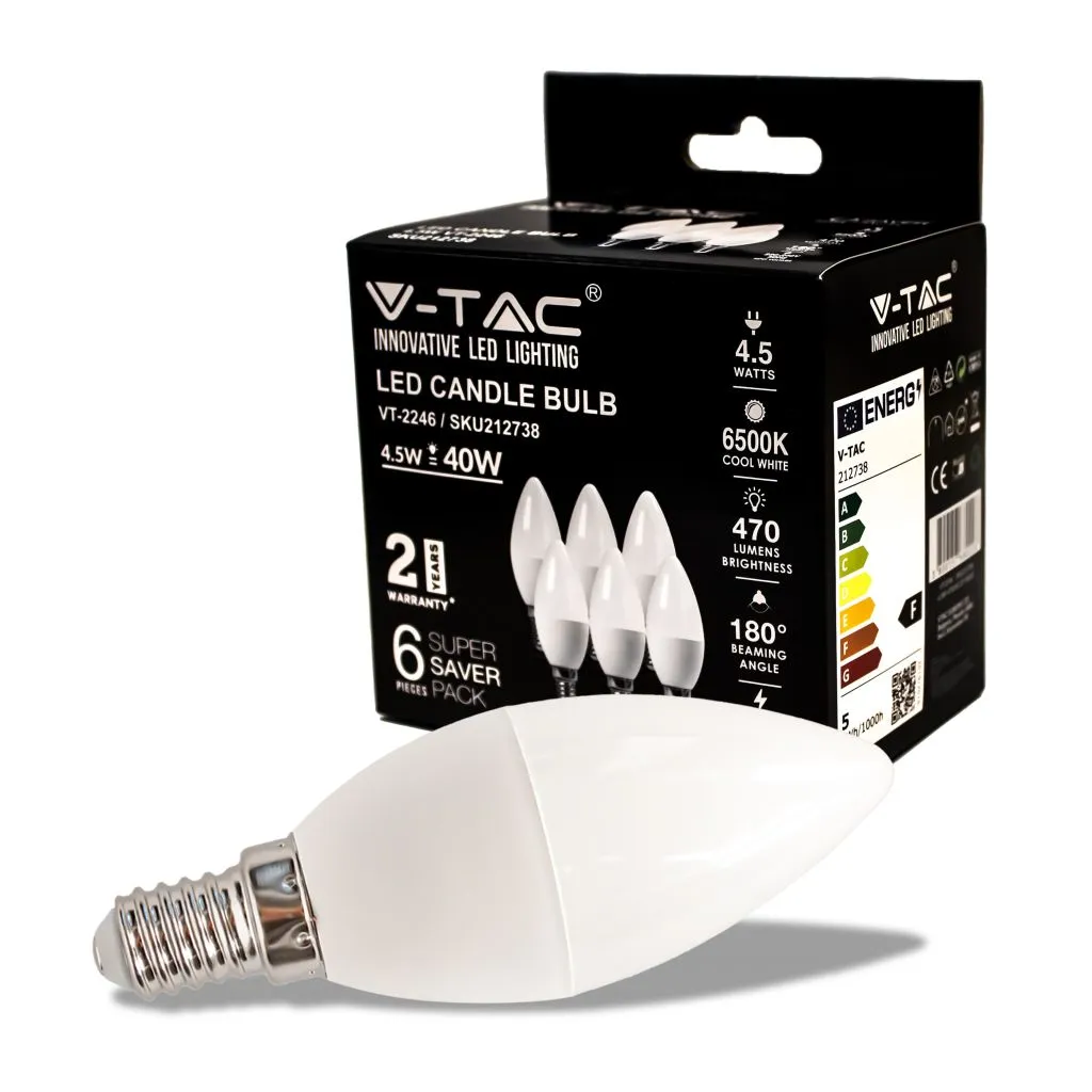 Lampadina LED E14 4,5W a Candela 6500K (Box 6 pezzi), vista del prodotto e confezione