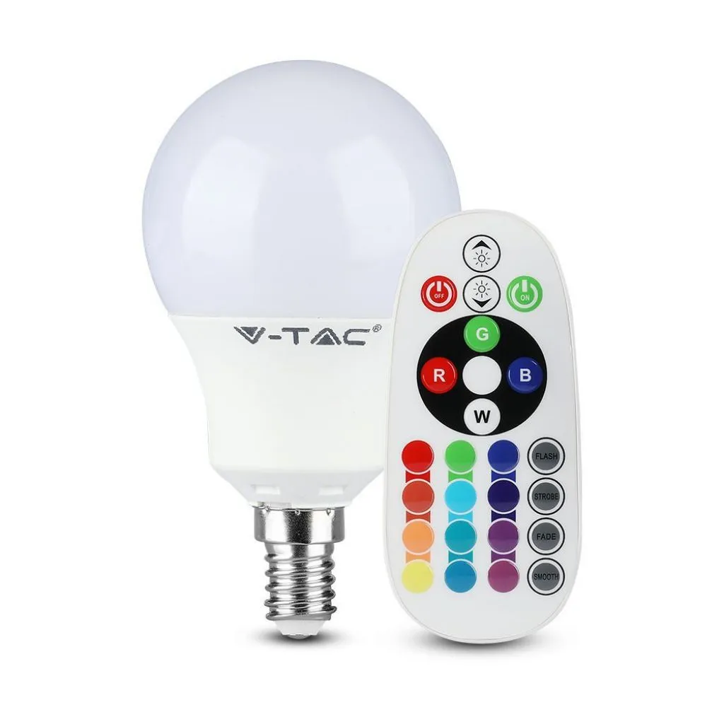 Lampadina LED E14 4,8W P45 con Telecomando RGB + 3000K, vista frontale