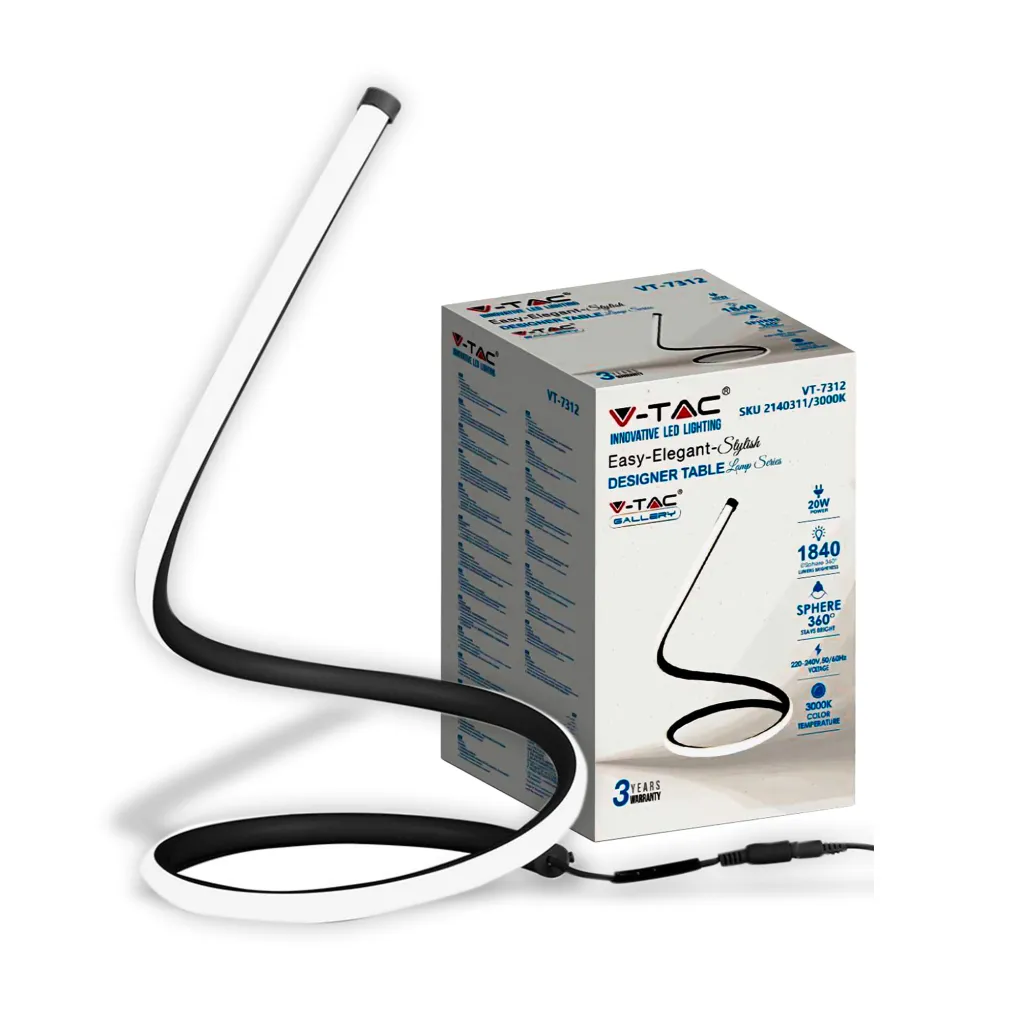 Lampada LED da Tavolo 20W Cavo di Alimentazione e Interruttore con Presa EU Colore Nero 3000K, vista angolata con scatola