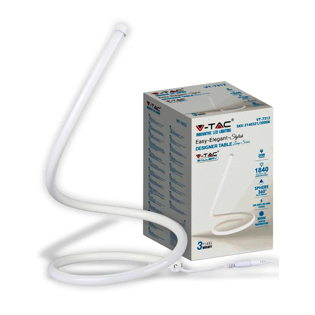 Lampada LED da Tavolo 20W Cavo di Alimentazione e Interruttore con Presa EU Colore Bianco 3000K, vista angolata con scatola