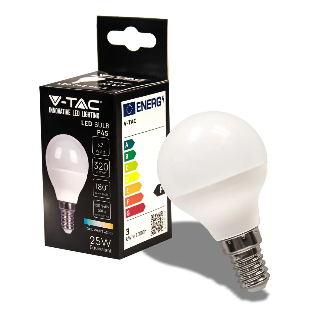 Lampadina LED E14 3,7W P45 6500K, vista angolata con scatola