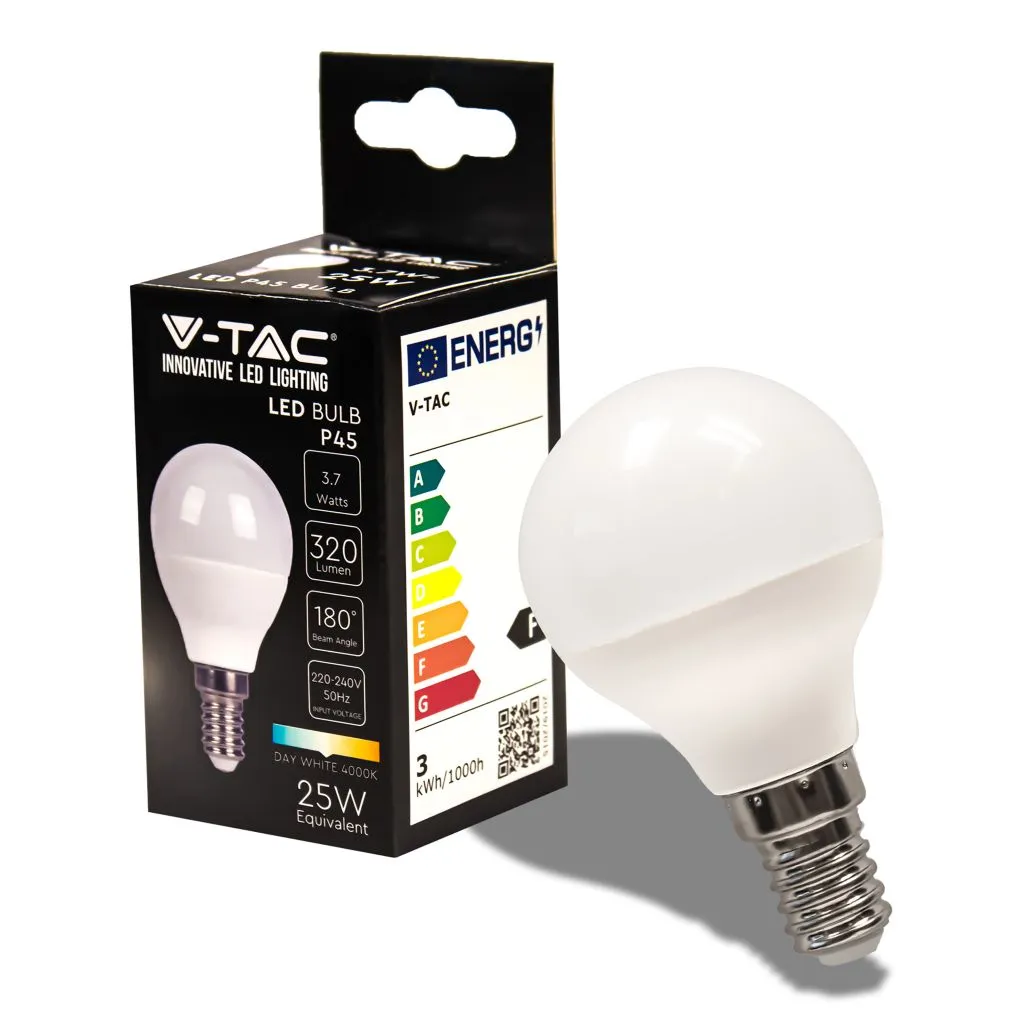 Lampadina LED E14 3,7W P45 4000K, vista angolata con scatola
