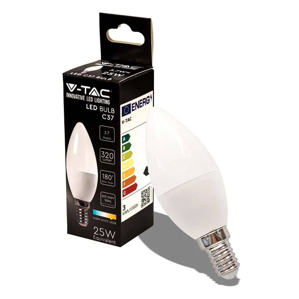 Lampadina LED E14 3,7W Candela 3000K, vista angolata con scatola