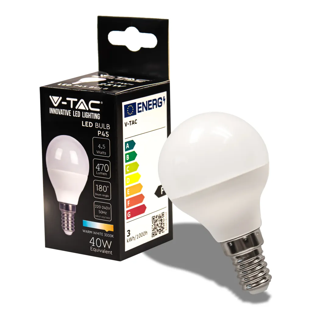 Lampadina LED E14 4,5W P45 3000K, vista angolata con scatola