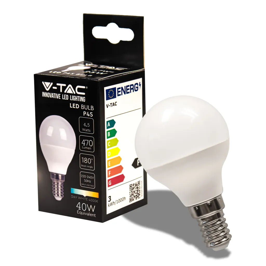Lampadina LED E14 4,5W P45 4000K, vista angolata con scatola