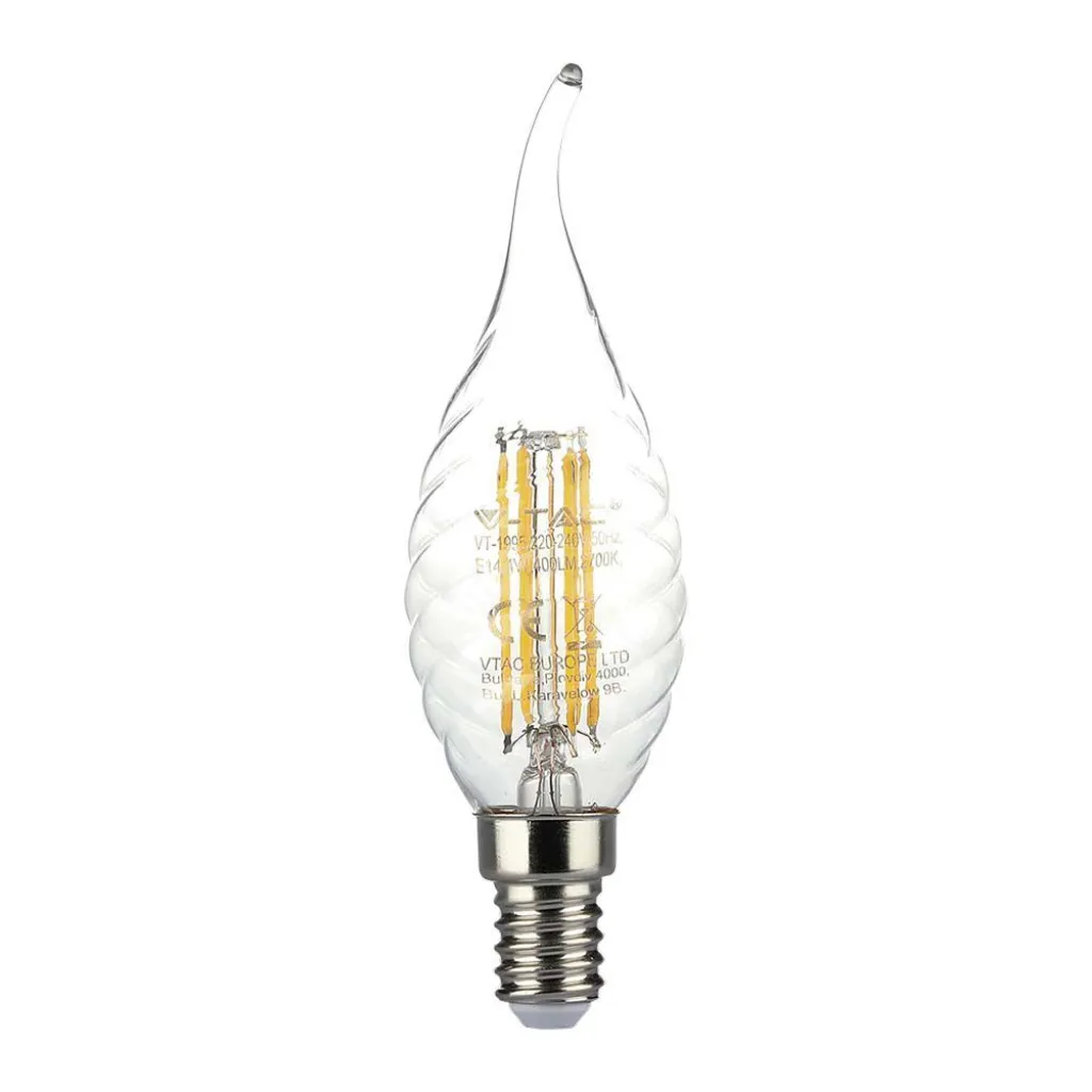Lampadina LED E14 4W 100LM/W Candela a Fiamma Tortiglione Filamento 3000K, vista frontale