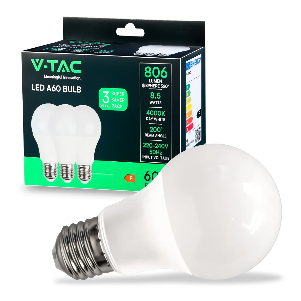 Lampadina LED E27 8,5W A60 4000K (Box 3 pezzi), vista angolata con scatola