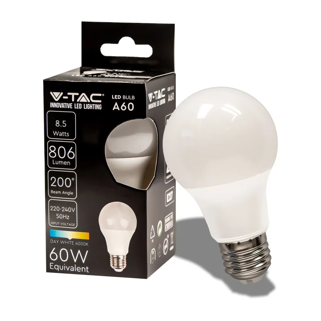 Lampadina LED E27 8,5W A60 4000K, vista angolata con scatola