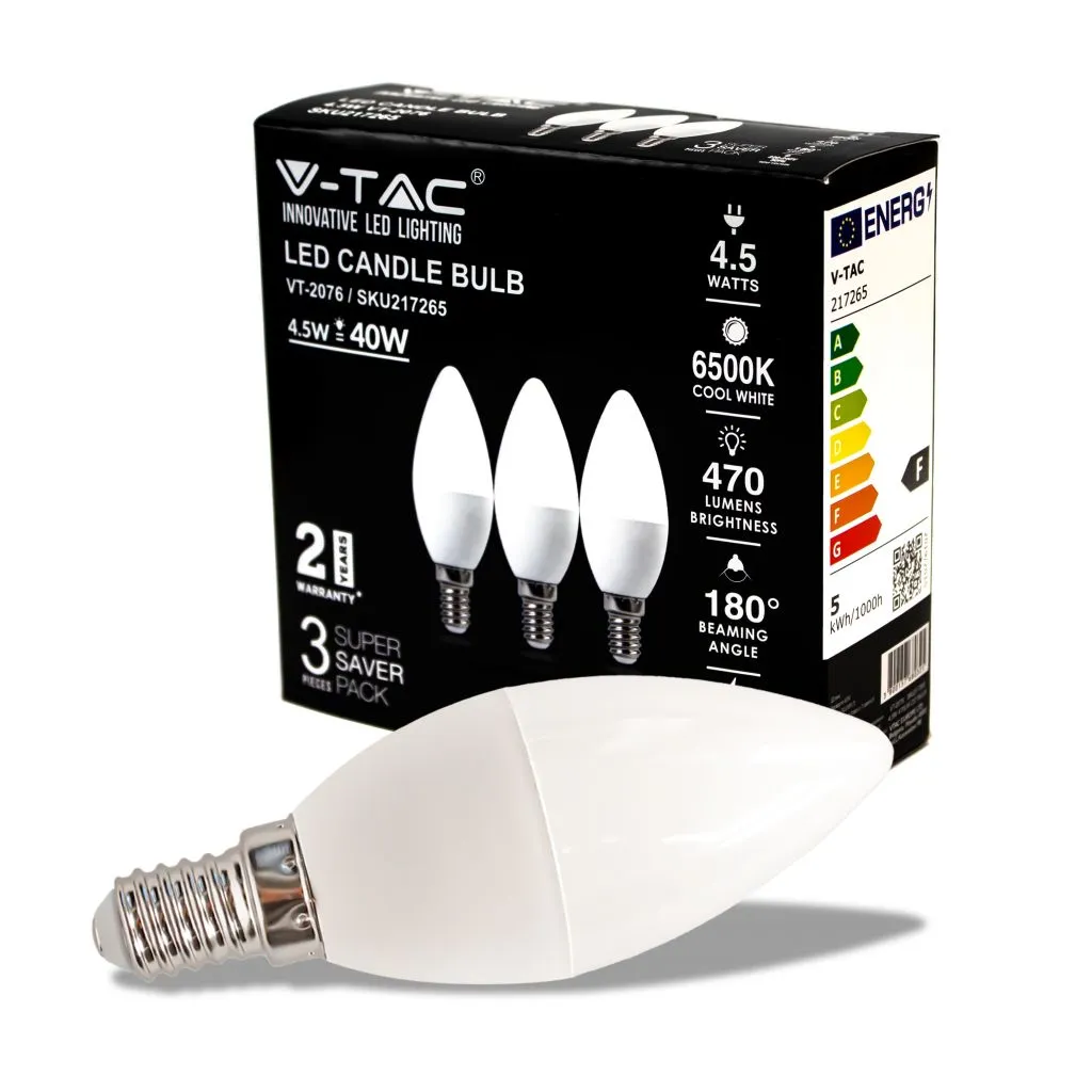 Lampadina LED E14 4,5W Candela 6500K (Box 3 Pezzi), vista angolata