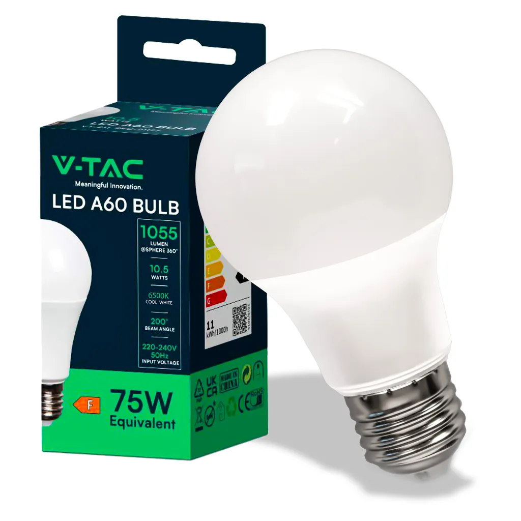 Lampadina LED E27 10.5W 100LM/W A60 4000K, vista angolata con scatola