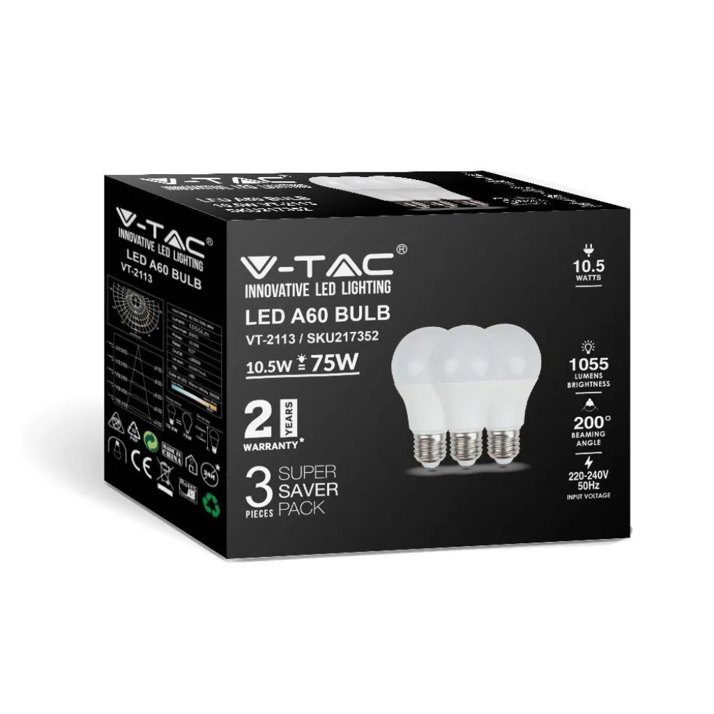 Lampadina LED E27 10,5W 100LM/W A60 3000K (Box 3 pezzi), vista angolata della scatola
