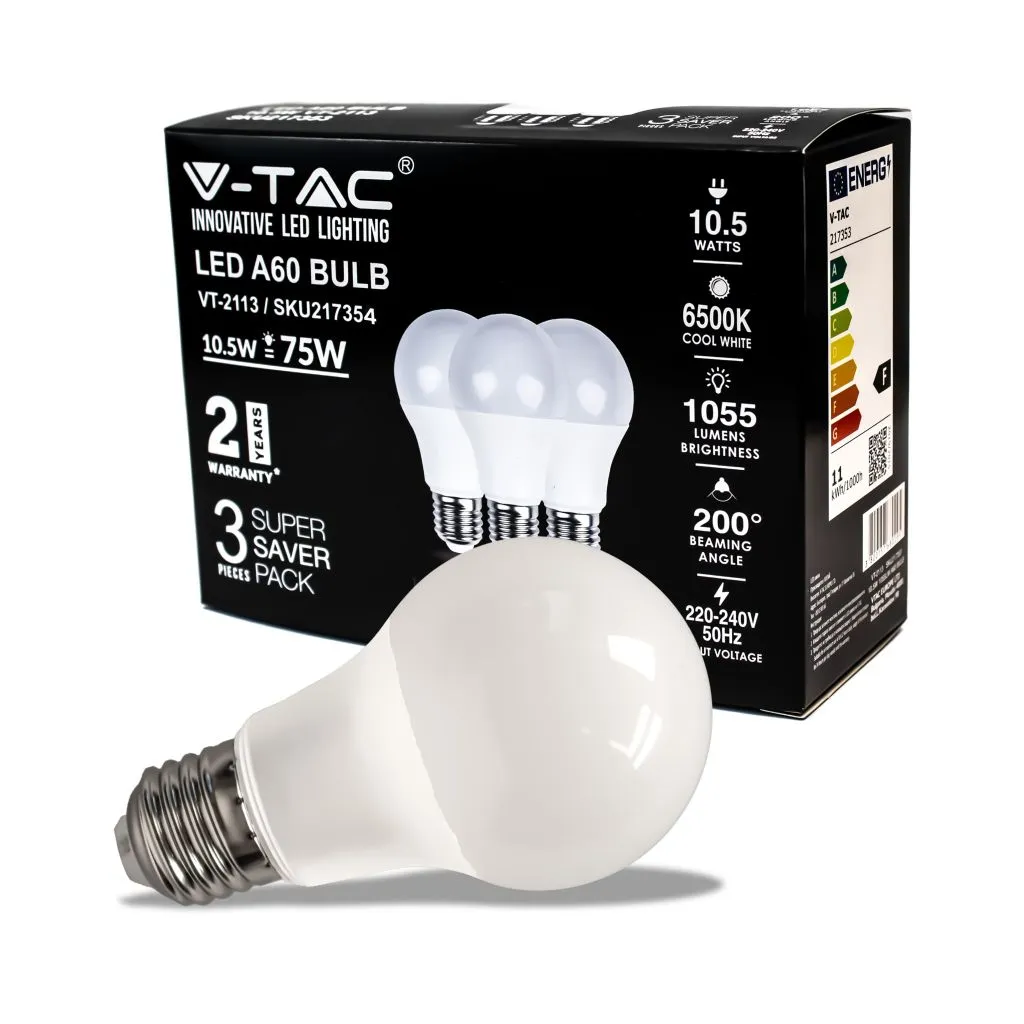 Lampadina LED E27 10,5W 100LM/W A60 6500K (Box 3 pezzi), vista angolata con scatola