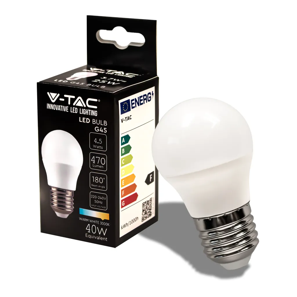 Lampadina LED E27 4,5W G45 3000K, vista angolata con scatola