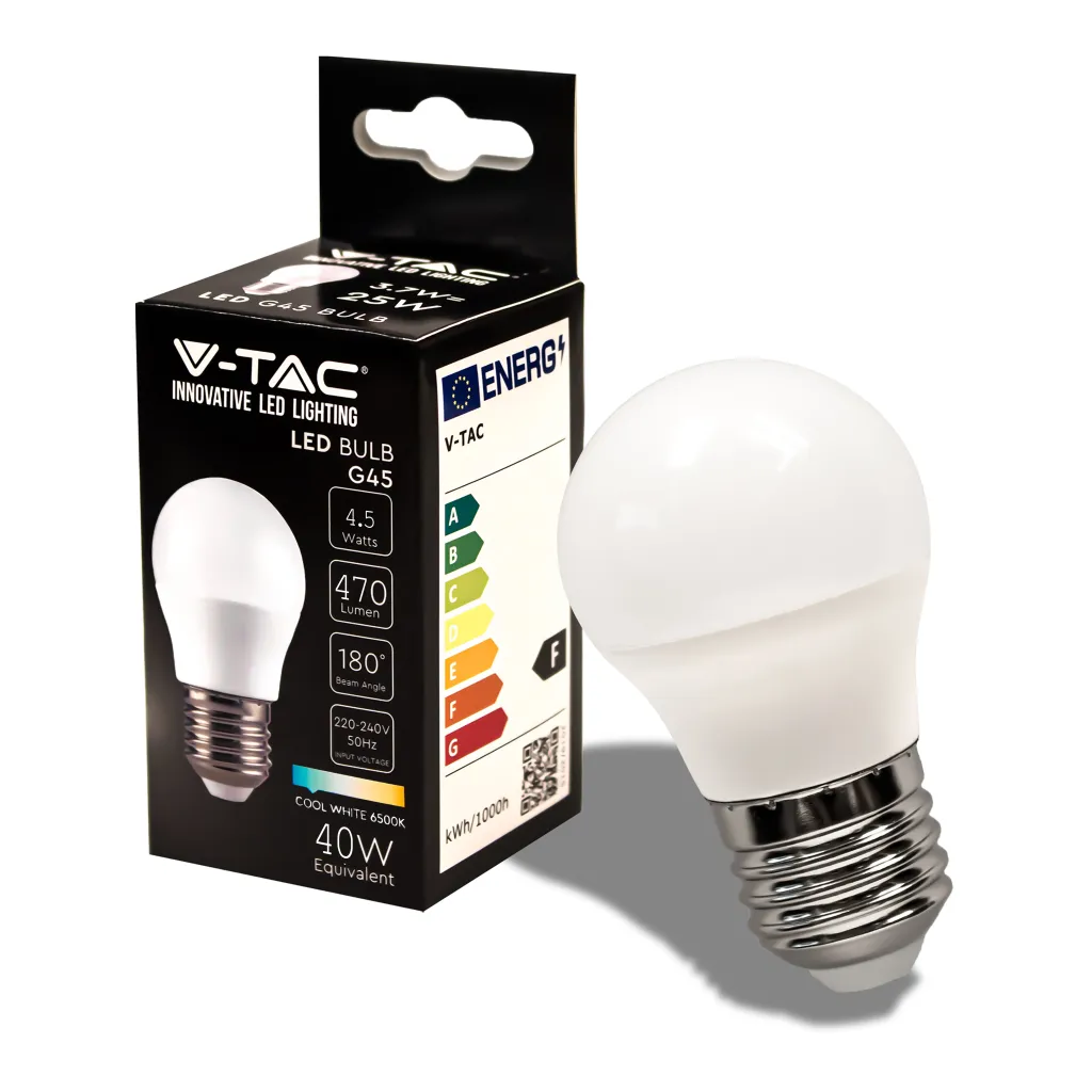 Lampadina LED E27 4,5W G45 6500K, vista angolata con scatola