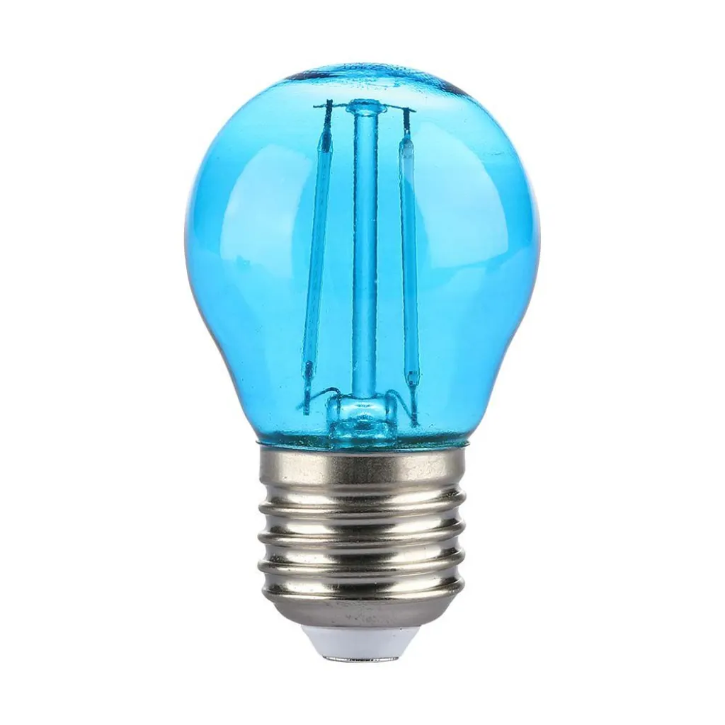 Lampadina LED E27 2W G45 Filamento Colore Blu, vista frontale