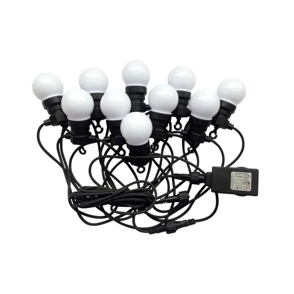 Catenaria 5m con 10 Lampadine mini Globo LED 5W Colore Bianco con Schuko e Trasformatore 3000K, vista dall'alto