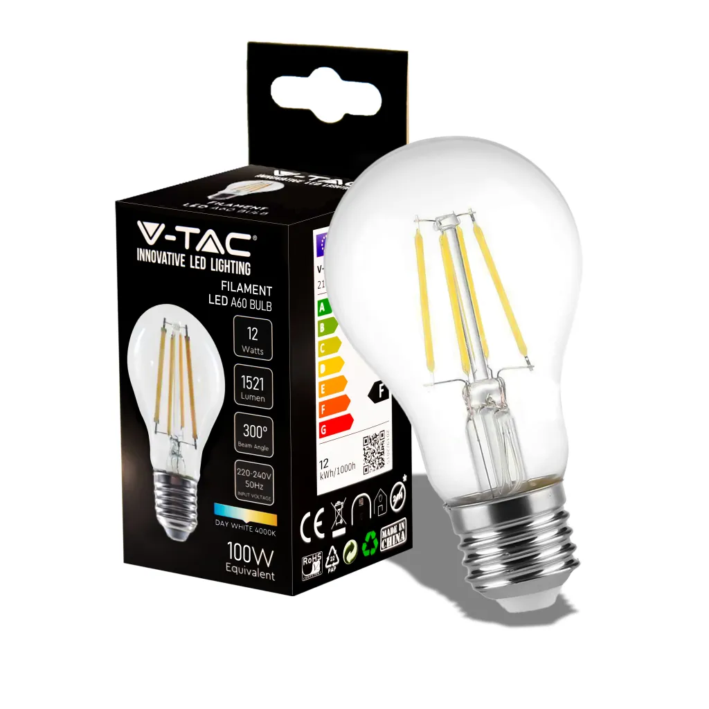 Lampadina LED E27 12W 125LM/W A60 Filamento 4000K, vista angolata con scatola