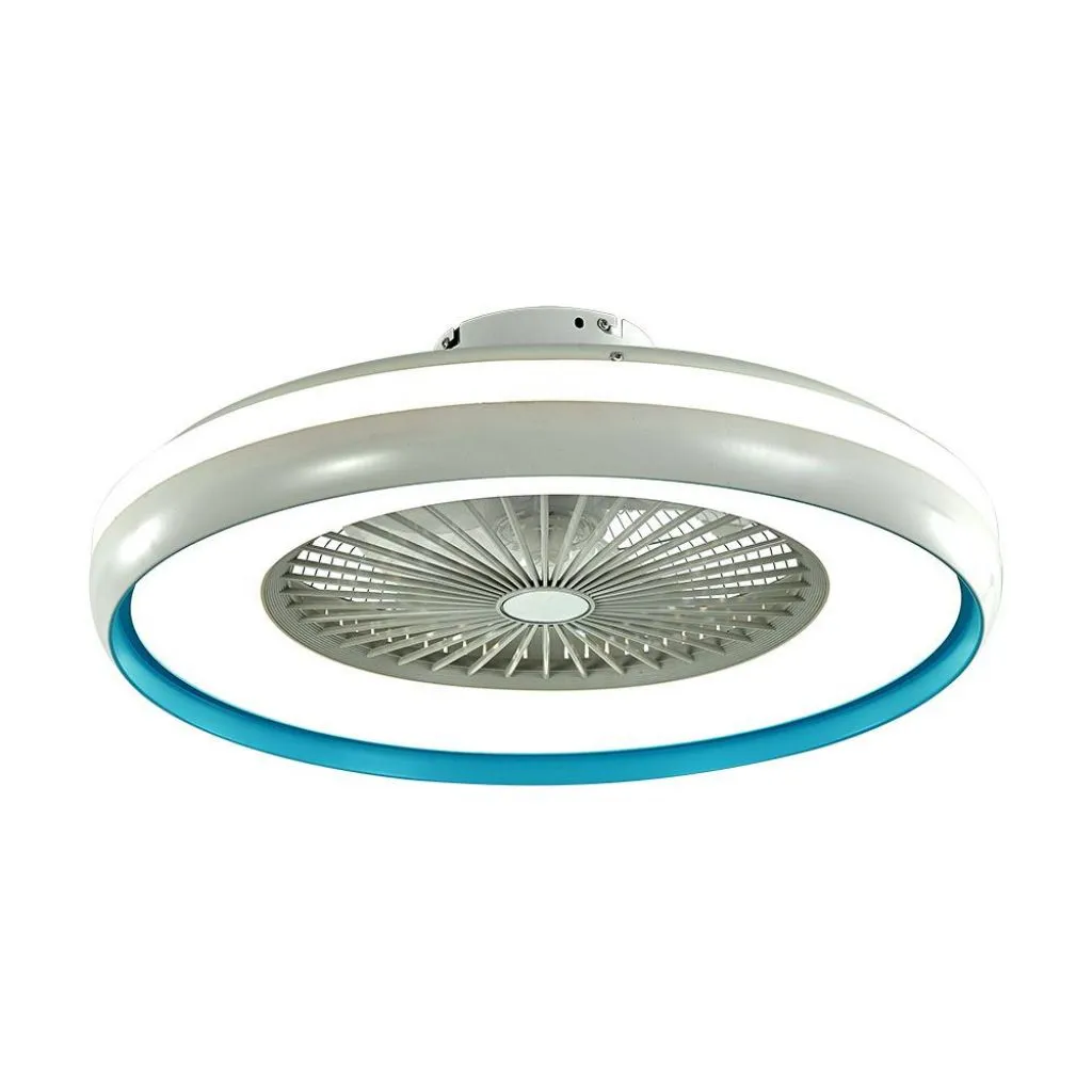 Ventilatore LED da Soffitto a Scatola con Motore a Corrente Alternata da 45W e Telecomando 3in1 Colore Grigio e Blu, vista angolata frontale