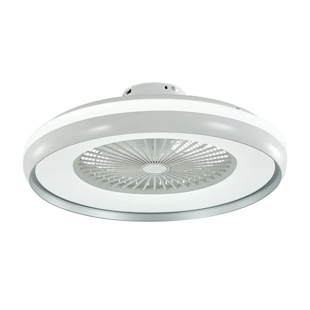 Ventilatore LED da Soffitto a Scatola con Motore a Corrente Alternata da 45W e Telecomando CCT 3in1 Colore Grigio, vista angolata frontale