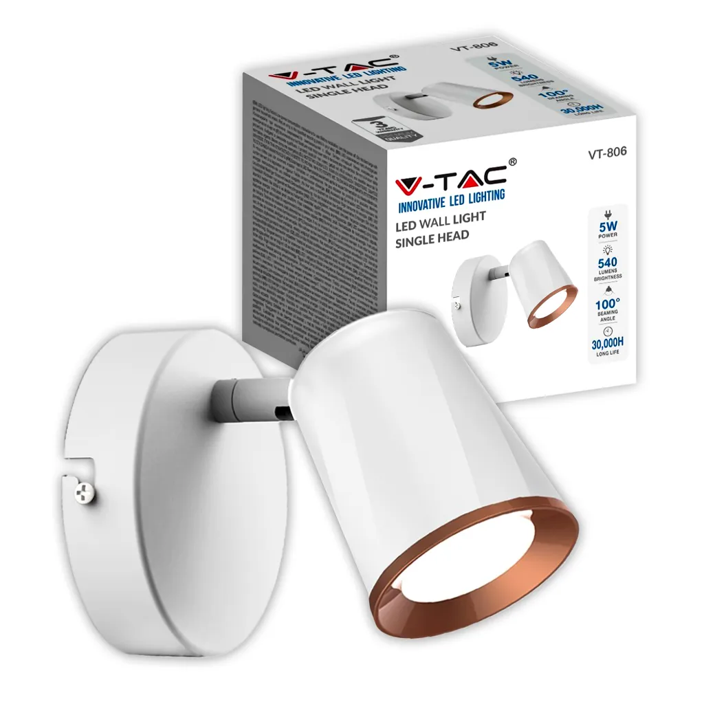 Faretto LED da Muro 5W con Testa Orientabile Colore Bianco 3000K, vista angolata con scatola