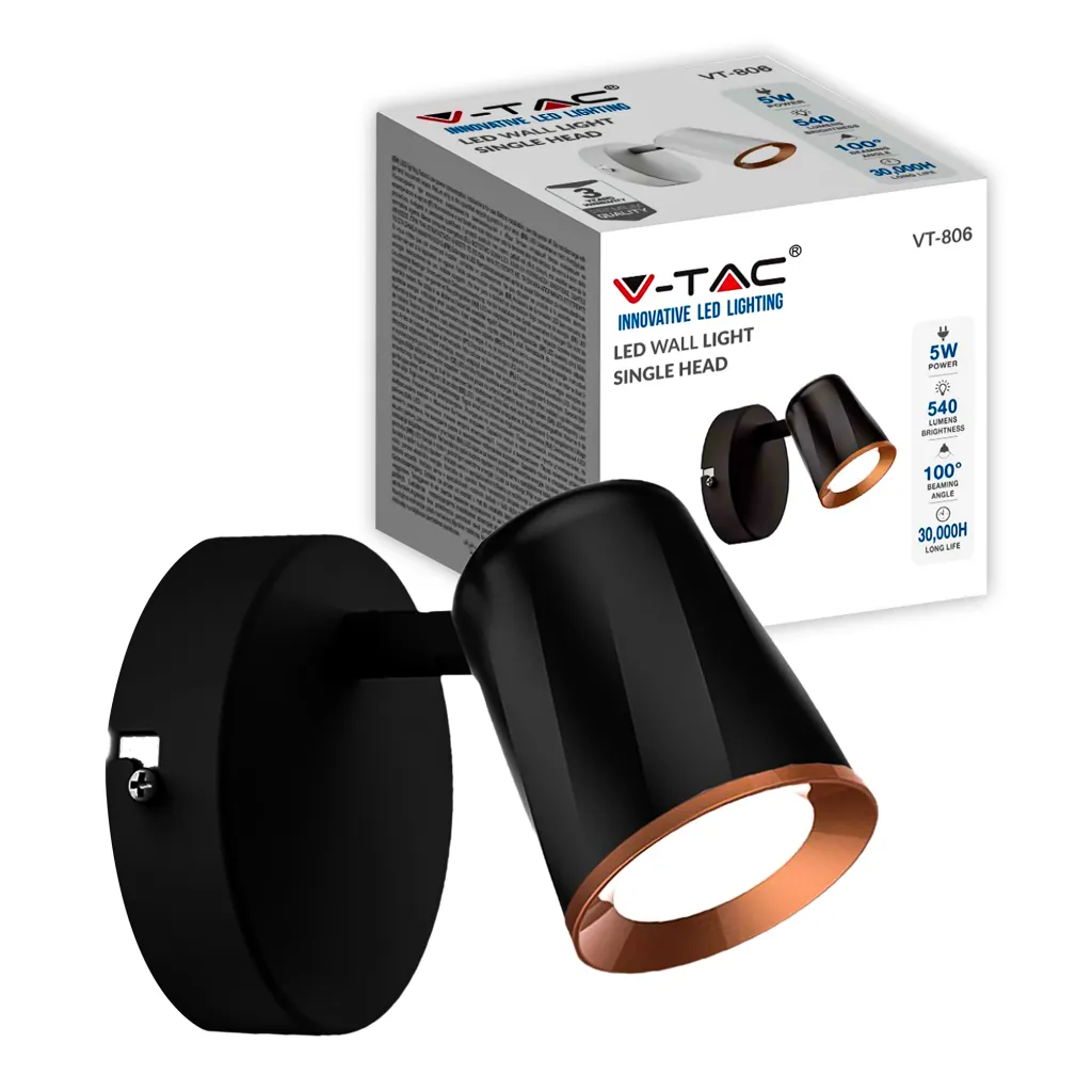 Faretto LED da Muro 5W con Testa Orientabile Colore Nero 3000K, vista frontale con scatola