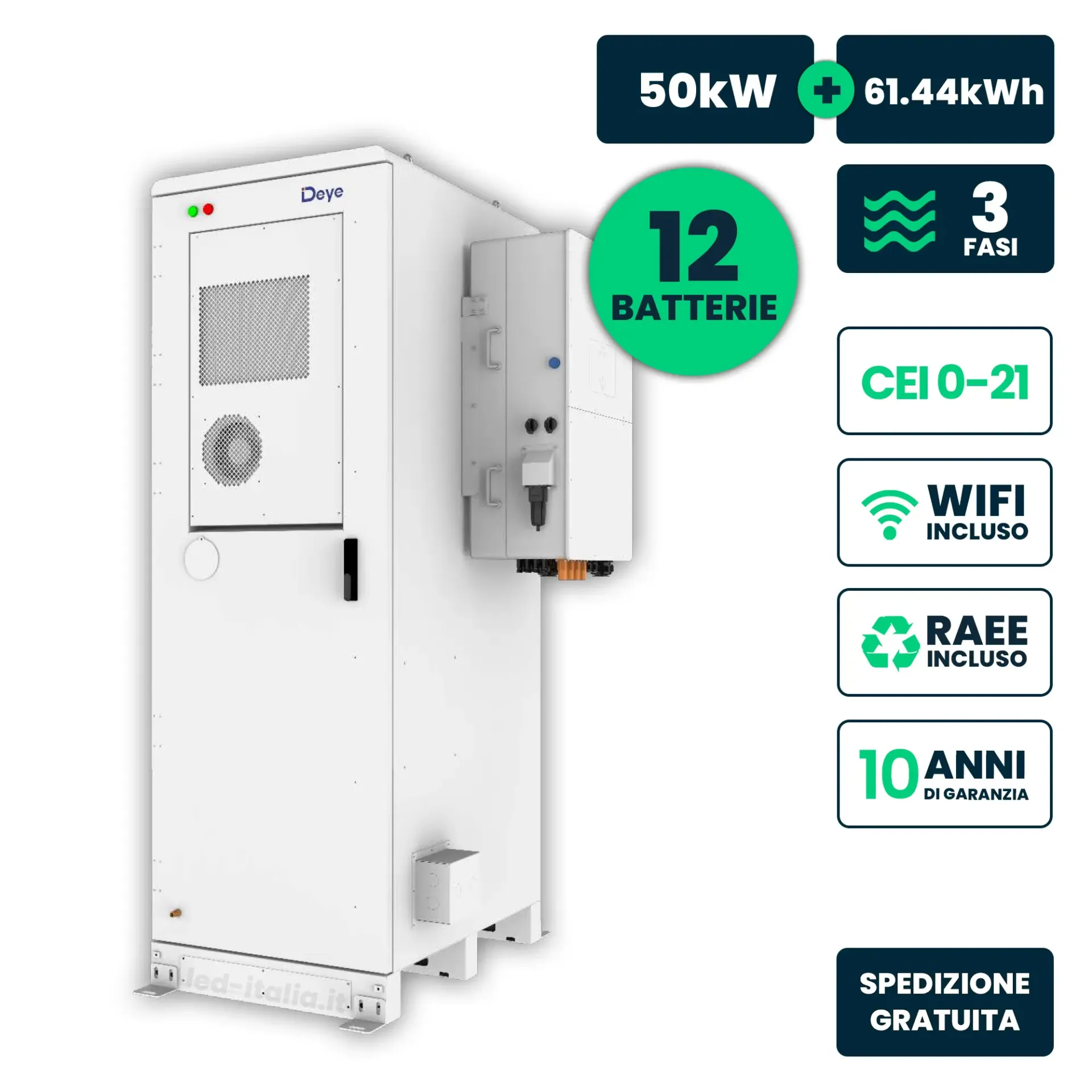 Kit Fotovoltaico Alta Tensione Deye con Inverter Ibrido Trifase 50kW e Accumulo LiFePO4 61.44kWh WiFi e TA Inclusi, vista frontale angolata