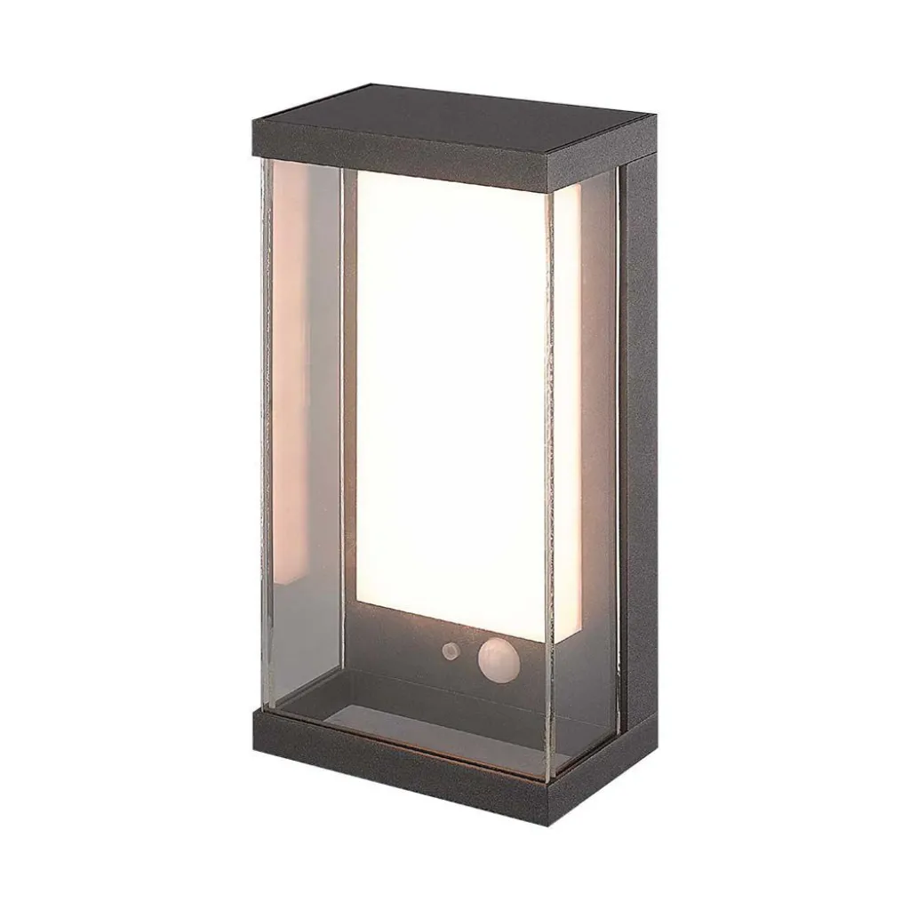 Lampada LED da Muro Rettangolare con Pannello Solare e Sensore PIR 1W Colore Grigio scuro 3000K, vista frontale angolata