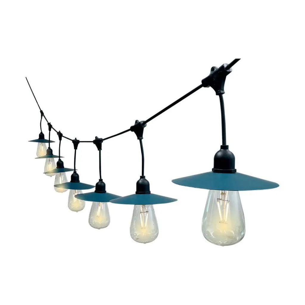Catenaria 15.6m per 15 lampadine LED ST64 a Filamento Con Pannello Solare Colore Nero 3000K, vista angolata delle lampadine