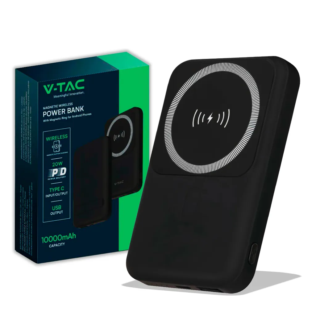 Power Bank 10000 mAh MagSafe Ultra Sottile Magnetico con Ricarica Wireless Colore Nero, vista angolata con scatola