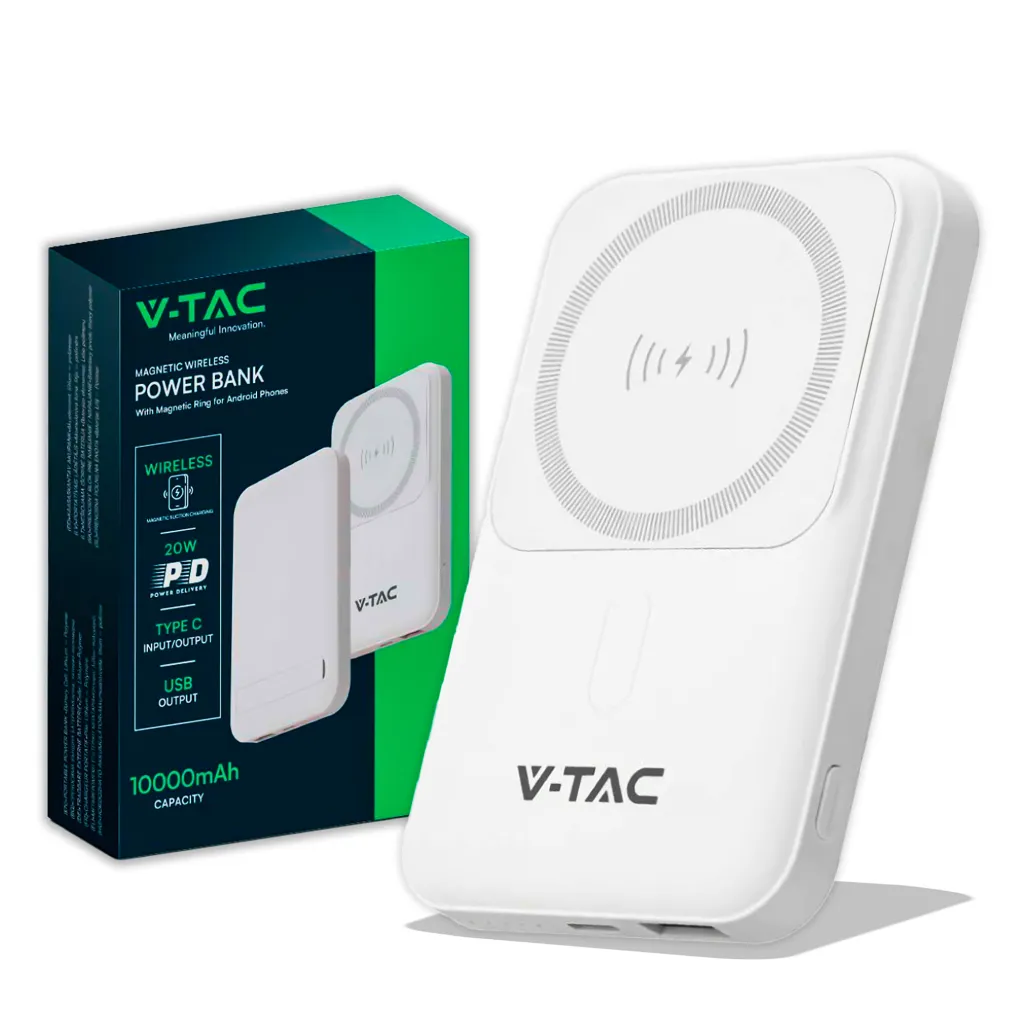 Power Bank 10000 mAh MagSafe Ultra Sottile Magnetico con Ricarica Wireless Colore Bianco, vista angolata con scatola